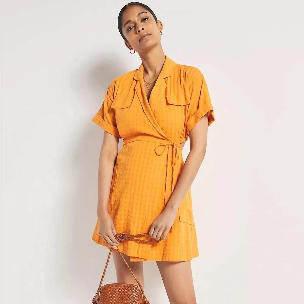 Anthropologie Wrap Dress Cutout Mini S Orange Textured Cotton Short Sleeve Boho